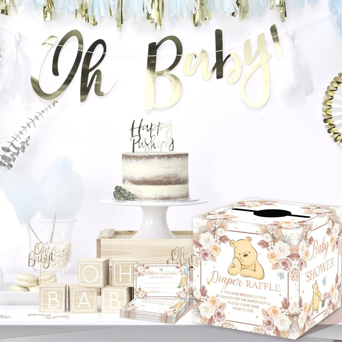 Winnie Baby Shower Decorations-Winnie Baby Shower Games-Pooh Party Decorations-Baby Shower Diaper Raffle Box With 50PCS Winnie Cards-flower