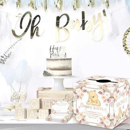 Winnie Baby Shower Decorations-Winnie Baby Shower Games-Pooh Party Decorations-Baby Shower Diaper Raffle Box With 50PCS Winnie Cards-flower
