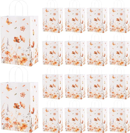 Marspark 24 Pcs Thanksgiving Floral Paper Gift Bags Wildflower Treat Bag with Handles for Wedding Birthday Baby Shower Autumn Floral Candy Goodie Bag for Guests, 8.3'' x 5.9'' x 3.1''(Butterfly)