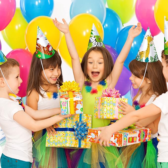 30 Pcs Animal Party Hats for Kids Safari Birthday Cone Hats 6 x 7.87" Jungle Zoo Birthday Party Supplies Decorations for DIY Photo Props Toddlers Baby, Tiger, Giraffe, Elephant, Monkey, Lion, Zebra