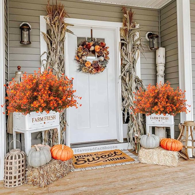 12 Bundles Artificial Fall Flowers No Fade Faux Autumn Plants, Fake Indoor Outdoor Greenery Decorations for Thanksgiving Christmas Wedding Party Home Garden Fireplace Décor (Fall Red)