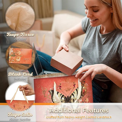 Christian Art Gifts Large Landscape Scripture Gift Bag for Women w/Greeting Card & Tissue Paper Set: Grace - Eph. 2:8 Inspirational Bible Verse, Butterfly Multicolor Floral w/Shiny Gold, Deep Orange