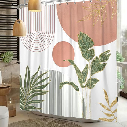 Mid Century Boho Shower Curtain 72x72 inch, Abstract Modern Sun Minimalist Aesthetic Shower Curtain, Bohemian Geometric Arch Curve Leaves Neutral Art Fabric Bathroom Decor Pink