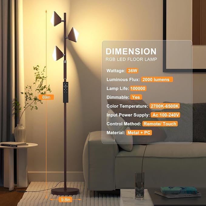 RGB Tree Floor Lamp for Living Room, Stepless Dimmable Tall Standing Lamp with Remote, Touch Control and 3 Rotatable Light, Bright LED Lights for Bedroom with 4 Color-Changing, Oil Rubbed Bronze