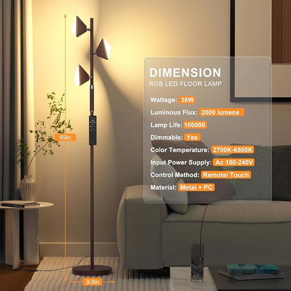 RGB Tree Floor Lamp for Living Room, Stepless Dimmable Tall Standing Lamp with Remote, Touch Control and 3 Rotatable Light, Bright LED Lights for Bedroom with 4 Color-Changing, Oil Rubbed Bronze