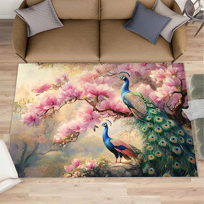 Peacock Magnolia Rug Small - 2x3 Rug, Pink Magnolia Washable Rugs for Living Room, Classic Carpet, Peafowl Non-Slip Area Rugs for Bedroom, Aesthetics Carpet - Peafowl Home Decor & Gifts