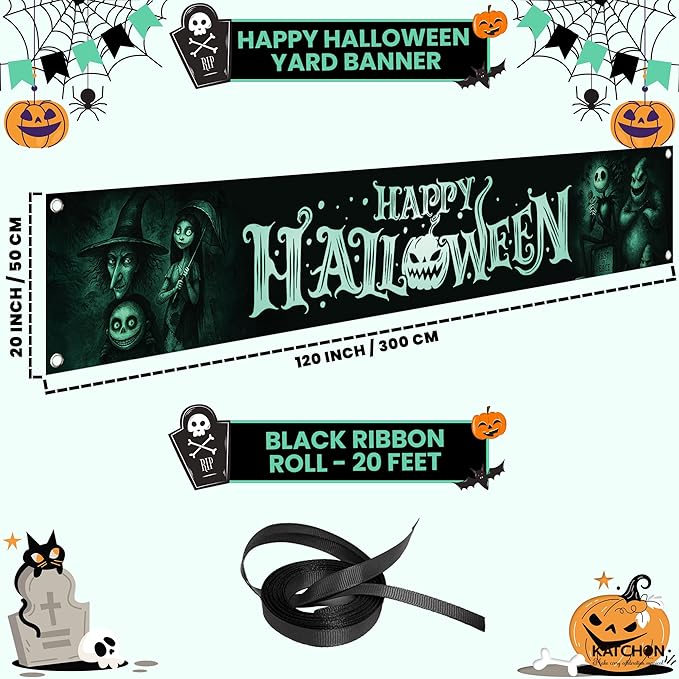KatchOn, Happy Halloween Banner For Outdoor - 120x20 Inch | Halloween Yard Banner Decoration for Yard | Outdoor Banner for Porch, Fence or Garden Decoration | Hanging Banners for Halloween Decorations