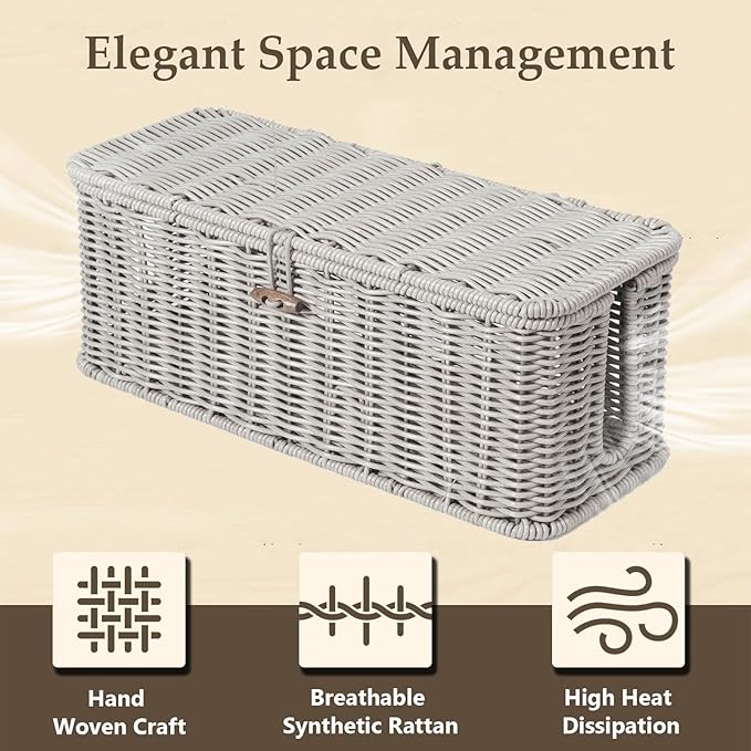 BROWNLILY Cable Management Box, Rattan Style Cord Organizer for Desk Cord Hider Outlet Covers Baby Proofing for Power Strip TV PC Router Charger Under Desk Storage with Lockable Lid and Cable Ties