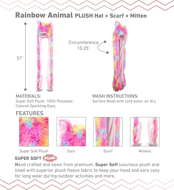 DolliBu Rainbow Plush Hat - Super Soft Warm Winter Hat with Ear Flaps, Funny Party Costume, Stuffed Beanie for Kids & Teens - One Size