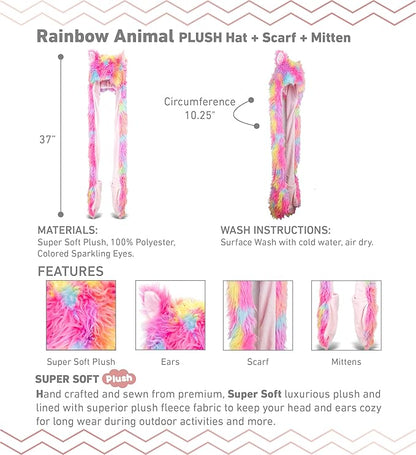DolliBu Rainbow Plush Hat - Super Soft Warm Winter Hat with Ear Flaps, Funny Party Costume, Stuffed Beanie for Kids & Teens - One Size