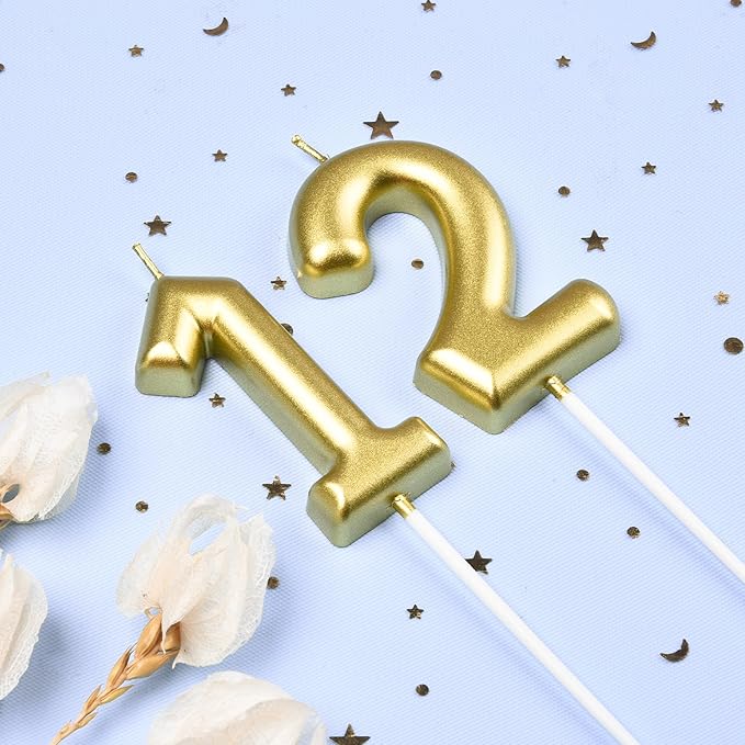 2.76 Inch Classical Gold 12 Number Birthday Candles, Gold and Cake Number Candles for Party Celebration