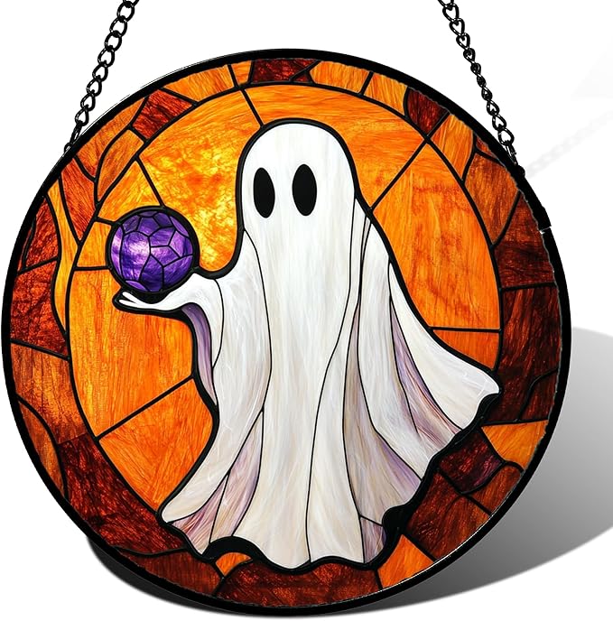 Stained Glass Window Hanging - Halloween Decorations Ghosts Vampire Suncatcher for Doors Garden Indoor Funny Spooky Sun Catchers Gothic Decor Horror Gifts for Women Men Friend 7.8 in