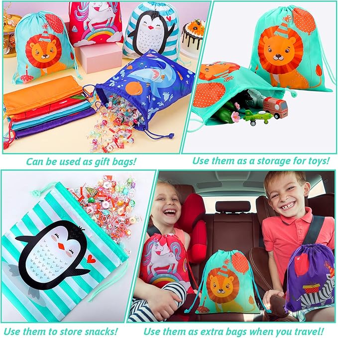 Kinlop 16 Pack Drawstring Party Favor Bags for Kids Birthday Party School Drawstring Candy Goody Bag with Cartoon Animal Designed for Baby Boys and Girls (8 Styles)