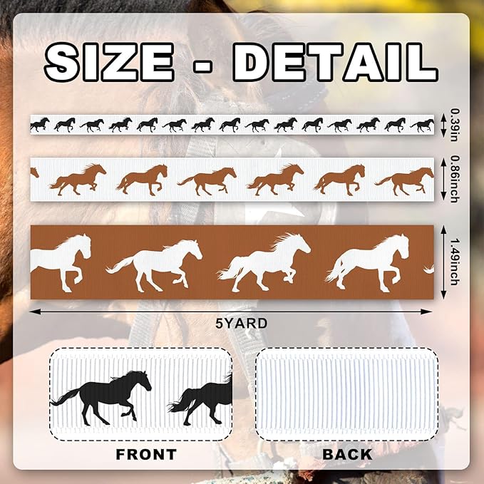 YKW Horse Silhouette Grosgrain Ribbon Set - 3 Widths (3/8", 7/8", 1.5") x 5 Yards Each - Black, Brown & White Horse Pattern Ribbons for Equestrian Crafts, Gift Wrapping & Western Decor