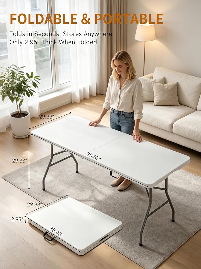6FT Folding Camping Table Portable 350lbs, 6 Foot Folding Picnic Card Table for Outdoor, Plastic Rectangular Dining Work Tables for Indoor, Heavy Duty Fold-in-Half Tray Tables, 71x29 inch