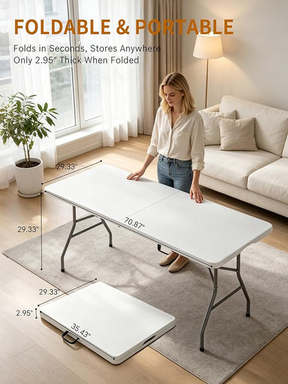 6FT Folding Camping Table Portable 350lbs, 6 Foot Folding Picnic Card Table for Outdoor, Plastic Rectangular Dining Work Tables for Indoor, Heavy Duty Fold-in-Half Tray Tables, 71x29 inch