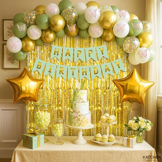 KatchOn, Sage Green Birthday Decorations - Pack of 51 | Happy Birthday Banner, Latex Balloons Arch Kit, Gold Fringe, Star Foil Balloons, Butterfly Theme Decor | Birthday Decorations for Women, Men
