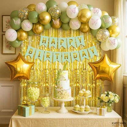 KatchOn, Sage Green Birthday Decorations - Pack of 51 | Happy Birthday Banner, Latex Balloons Arch Kit, Gold Fringe, Star Foil Balloons, Butterfly Theme Decor | Birthday Decorations for Women, Men