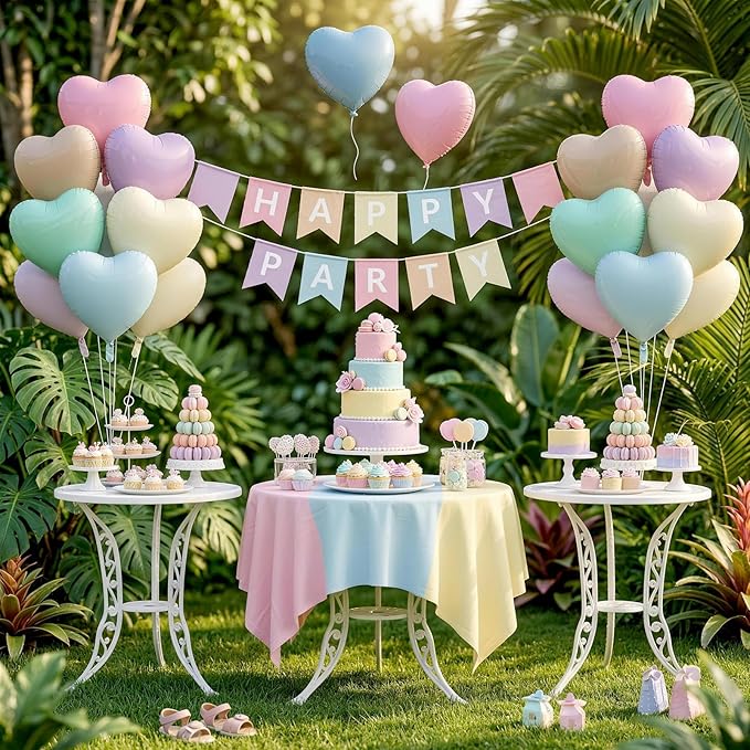 Pastel Heart Balloons, 12 Pcs Rainbow Macaron Pink Blue Green Purple Yellow Apricot Heart Shape Foil Balloon, 18 Inch Pastel Colorful Helium Balloon for Baby Shower Birthday Easter Bridal Shower Party