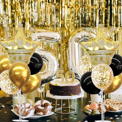 TONIFUL Table Centerpiece Balloons Stand Kit Include Black Gold Latex Confetti Balloons and Foil Crown Balloon for Birthday 2025 Graduation Anniversary Halloween New Year's Eve Party Decoration