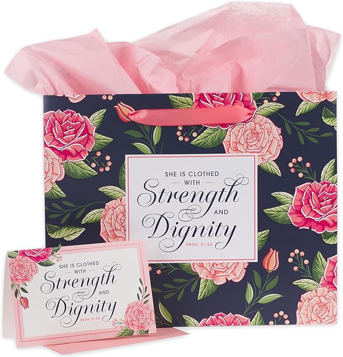 Christian Art Gifts Large Landscape Scripture Gift Bag w/Blank Greeting Card & Wrapping Tissue Paper Set for Women: Strength & Dignity Inspirational Bible Verse Proverb, Beautiful Pink Roses for