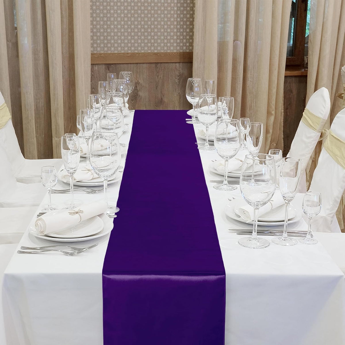 Aneco Satin 12 Pack Table Runner 12 x 108 Inch Dark Purple Long Wedding Satin Silk Table Runner for Wedding Banquet Graduations Birthday Party Decoration