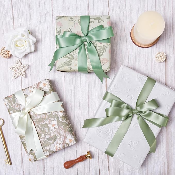 QIANF Sage Green Double Face Satin Ribbon 1 Inch x 45 Yards Moss Green Cream Fabric Ribbon for Gift Wrapping, Flower Bouquets Bows Making, Wedding Decoration, Invitations, Christmas (3 Rolls *15Yd)