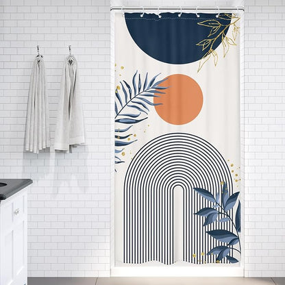 Small Stall Boho Shower Curtain 36Wx72H Navy Blue Modern Bohemian Mid Century Gold Leaves Orange Minimalist Geometric Bathroom Decor Half Narrow Bath Curtain Fabric Polyester 7 Pack Hooks