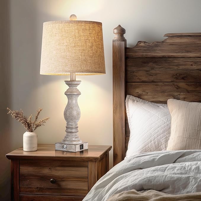 24.5" Table Lamp Set of 2, Rustic Farmhouse Bedside Lamps with USB A+C Charging Ports, 3-Way Dimmable Touch Control Nightstand Lamps for Living Room Bedroom, Antique Grey White, LED Bulbs Included