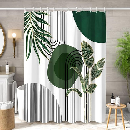 Mid Century Green Shower Curtain for Bathroom Boho Modern Abstract Plant Tropical Leaves Bathroom Curtain Set Geometric Arch Minimalist Waterproof Fabric Bath Decor 48x72 inch