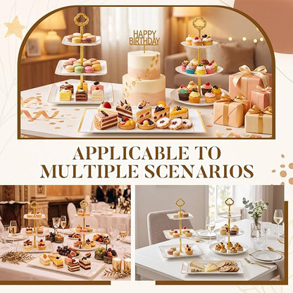 Willinglong 10 Pack Cake Stand Set Cake Stand with Gold Rim, 4 Three-tier Cupcake Stands, 4 Serving Trays, and 2 Tongs for Dessert Table Display, Elegant Plastic Pastry Tower for Weddings Showers