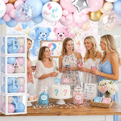 Baby Gender Reveal Decorations Kit, Bear Theme Balloon Garland with Backdrop, 136 PCS He or She Gender Reveal Party Supplies With 4Pcs Baby Boxes for Pink and Blue Baby Shower