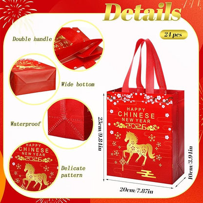 Supervitae 24 Pcs Chinese New Year 2026 Gift Bags with Handle Horse Lunar New Year Gift Bag Spring Festival Red Goodie Treat Party Supplies for Family Neighbor Friend Party Decor(9.8" x 7.9" x 3.9")