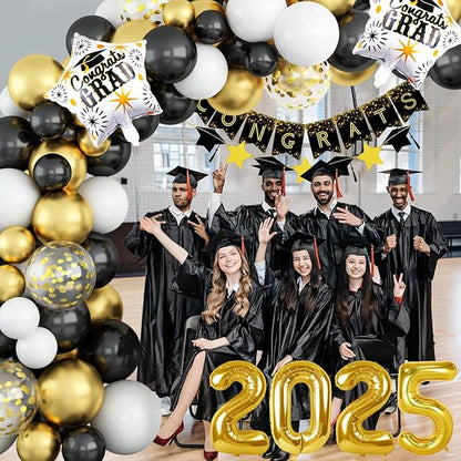 Graduation Balloon Arch Kit, Black Gold Graduation Balloons Garland with Confetti Balloon Graduation Banner Congrats Grad Star 2025 Foil Balloons for Class of 2025 Congrats Graduation Party Decoration