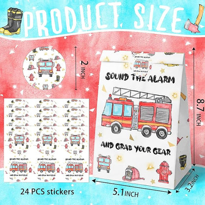 Watercolor Firetruck Party Favor Bags - 24 Pcs Firetruck Party Candy Bags with Stickers - Firetruck Goodie Gift Treat Bags - Watercolor Firetruck Themed Birthday Party Supplies