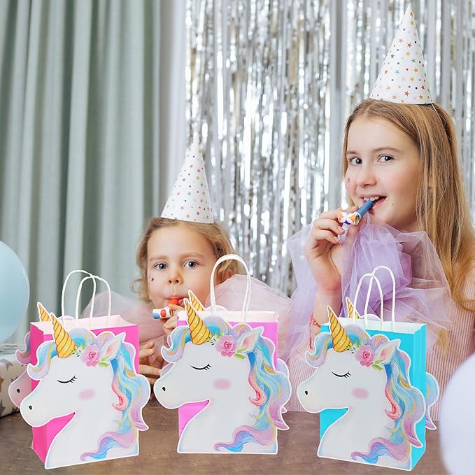 Kolldenn 24 Pack Unicorn Party Favor Bags Goody Bags 3 Colors with 48 Pcs Cardstocks and Handles for Unicorn Birthday Party Gift Goody Treat Candy for Unisex Favors