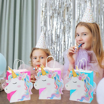 Kolldenn 24 Pack Unicorn Party Favor Bags Goody Bags 3 Colors with 48 Pcs Cardstocks and Handles for Unicorn Birthday Party Gift Goody Treat Candy for Unisex Favors