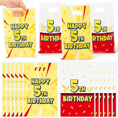Andi Cppss Happy Birthday Party Favor Bags - 50PCS Red White Yellow Lighting Bolts Plastic Goodie Bags with Handle for Kids Cartoon Goody Treat Candy Gift Bag for Girls Boys 5th Birthday Party Favors