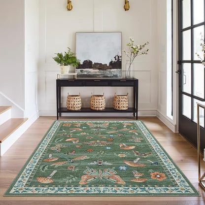 Washable 8x10 Mushroom Floral Rugs for Living Room Low Pile Soft Bedroom Large Accent Carpet Non Slip Non Shedding Nursery Playroom Carpet Mats Boho Vintage Green Carpets for Dining Apart Dorm, Green