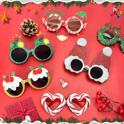 Pibupibu 8 Pack Merry Christmas Party Favors Funny Eyeglasses Set, Christmas Tree, Garland, Santa Claus, Elk, Snowman Eyewear