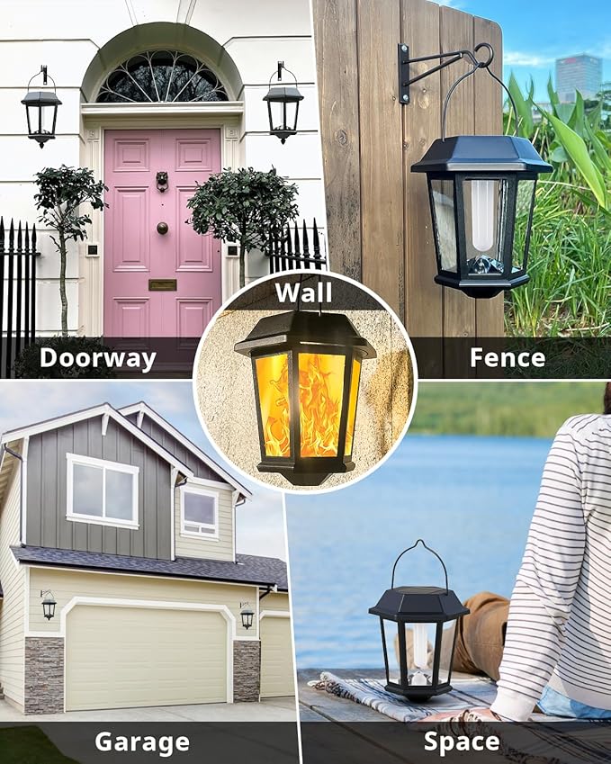 Solar Lanterns Outdoor Waterproof, Hanging Solar Lights with Glass Shade - 2 Pack LED Metal Wall Mount Outdoor Light for Yard/Garden/Patio - Flame