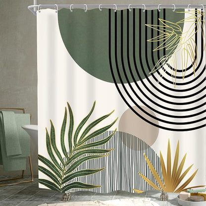 KOMLLEX Mid Century Dark Green Boho Shower Curtain 72Wx72L Inches Abstract Modern Shower Curtains for Bathroom Gold Plant Botanical Minimalist Arch Sun Fabric Liner Waterproof Polyester 12 Pack Hooks