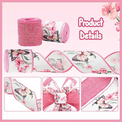 Pink Wired Ribbon for Wreath Bows, 2 Rolls, 2.5″ Wide, 10 Yards Total, Summer Pink Butterfly Floral Wired Ribbons for Crafts Supplies, Rustic Party, Wedding Ribbon Bow Decor