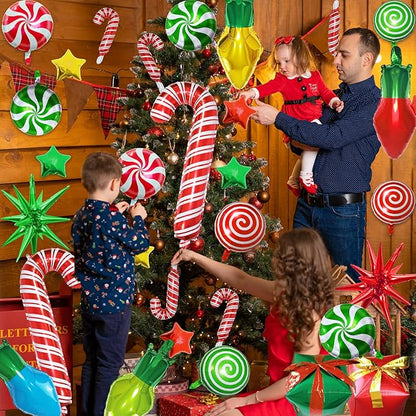 35Pcs Christmas Foil Balloons Set, Xmas Swirl Candy Cane Light Star Mylar Big Gift Boxes Balloons for Christmas New Year Xmas Party Decorations