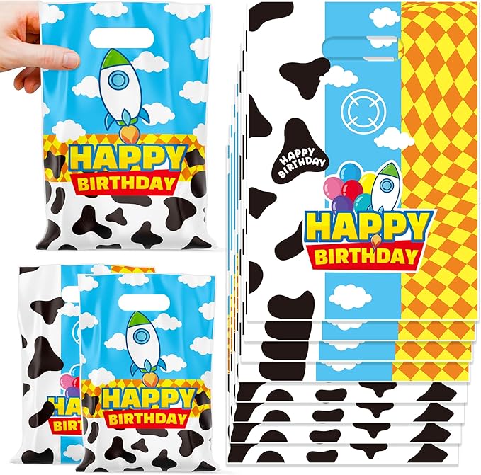 CHENRINDECO 50Pcs Cartoon Story Goodie Bags Cow Pattern Birthday Party Favor Bags Blue Sky White Cloud Plastic Bags with Handle for Toy Themed Birthday Party Supplies