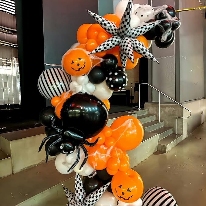Halloween BOO Balloon Arch Garland Kit, Orange Black White Spooky Pumpkin Face Print Latex Balloons with Eyeball Spider Explosion Star Foil Balloon for Trick or Treat Scary Birthday Party Decorations