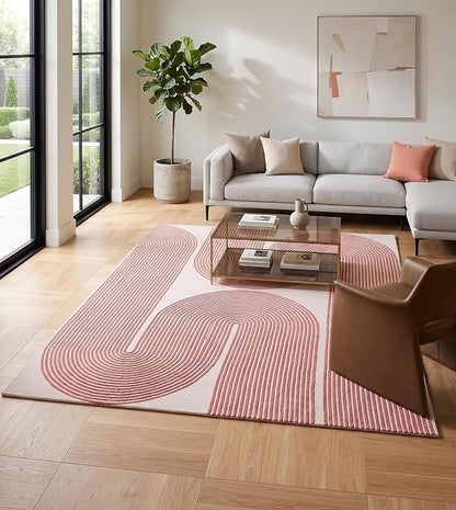 Modern Handmade Wool Area Rug, Abstract Curved Line Geometric Indoor Carpet for Living Room Bedroom, Contemporary Tufted Rug with Soft Pile and Cotton Backing (Dusty Rose, 10' x 14')