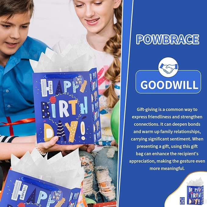 Powbrace 13" Blue Happy Birthday Bag with Tissue Paper and Greeting Card for Party,Happy Birthday Gift Bag for Boys, Girls, Kids, Men Women,Gift Bags Medium size (1 PCS Blue, Gift Bag)