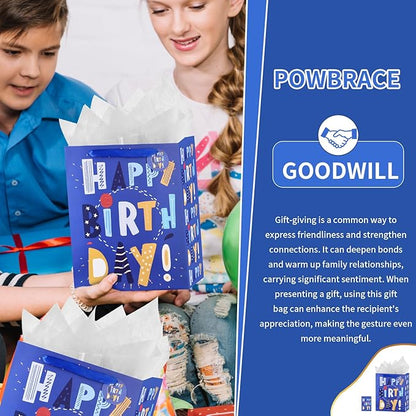Powbrace 13" Blue Happy Birthday Bag with Tissue Paper and Greeting Card for Party,Happy Birthday Gift Bag for Boys, Girls, Kids, Men Women,Gift Bags Medium size (1 PCS Blue, Gift Bag)