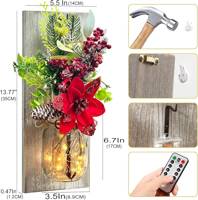 Mason Jars Sconce Decor Rustic Wall Sconces Handmade Wall Art Hanging Design with Remote Control LED Fairy Lights and Red Berry, Xmas Farmhouse Wall Home Decor Living Room Lights Set of Two